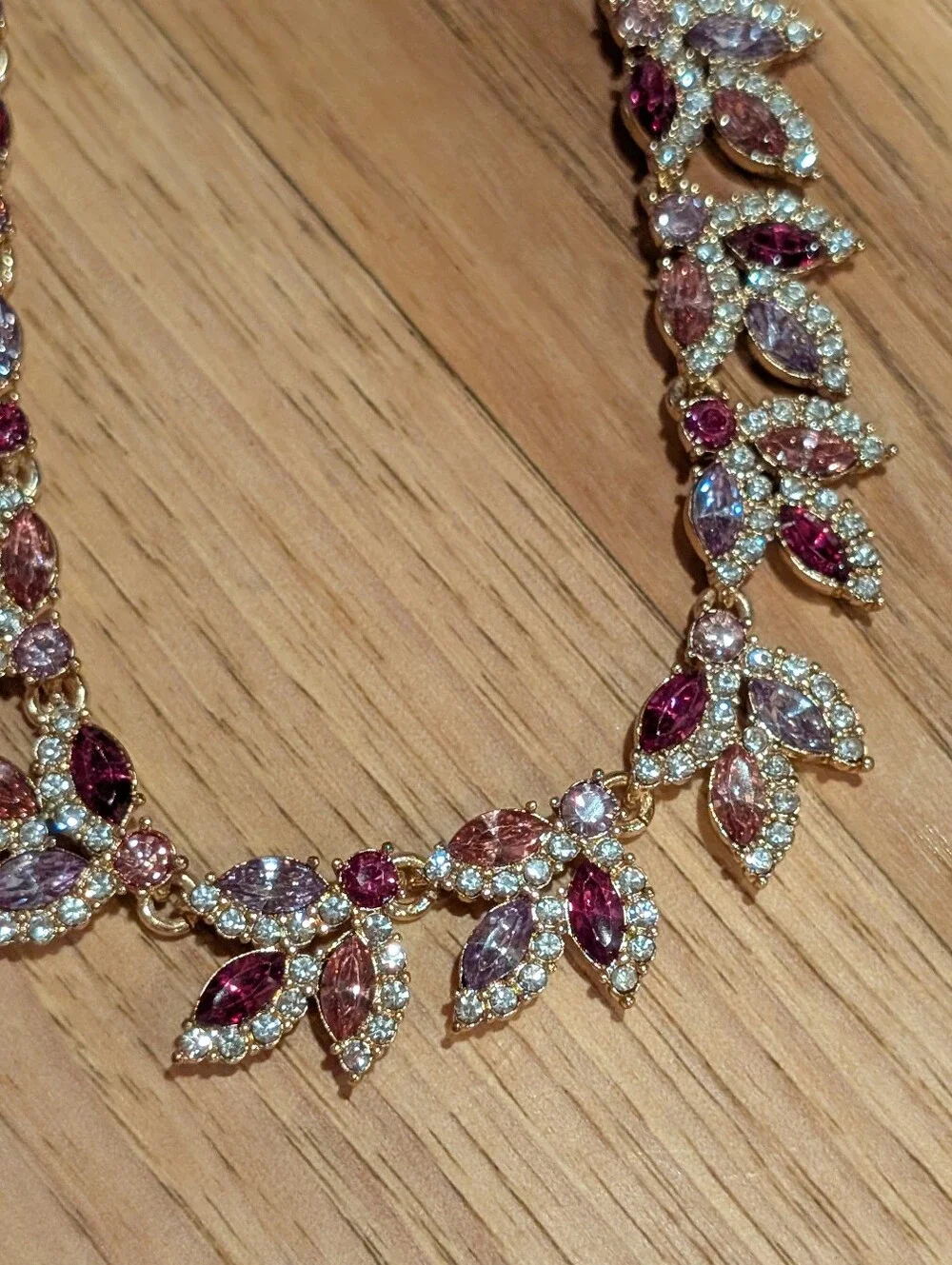 Gold-Tone Light And Deep Pink Crystal Leaf Necklace